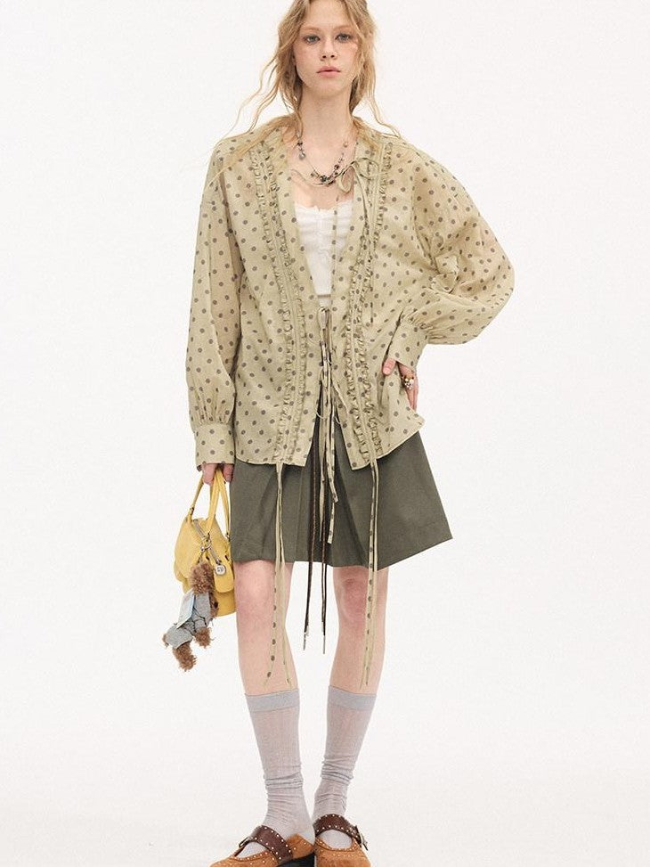 DIDDI MODA Matcha Polka Dot Ruffle V-neck Drawstring Women&