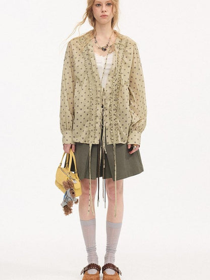 DIDDI MODA Matcha Polka Dot Ruffle V-neck Drawstring Women&