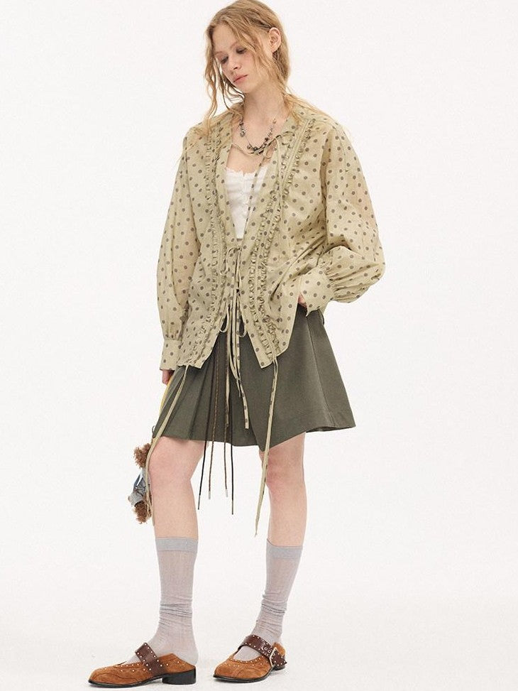 DIDDI MODA Matcha Polka Dot Ruffle V-neck Drawstring Women&