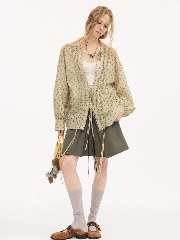 DIDDI MODA Matcha Polka Dot Ruffle V-neck Drawstring Women&
