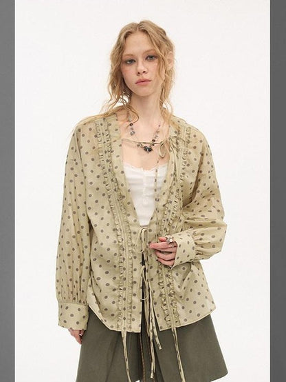 DIDDI MODA Matcha Polka Dot Ruffle V-neck Drawstring Women&