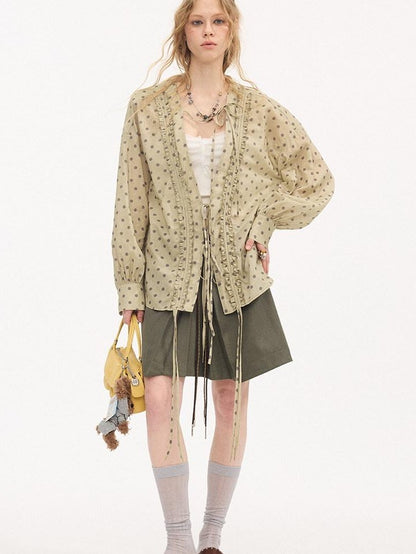 DIDDI MODA Matcha Polka Dot Ruffle V-neck Drawstring Women&