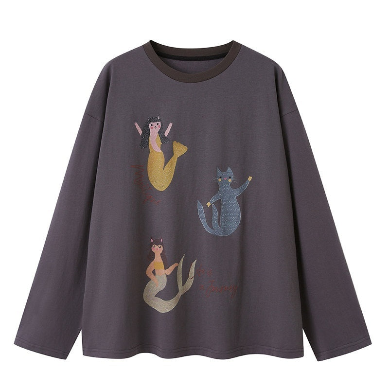 DIDDI_MODA_Mermaid_And_Letter_Print_V-neck_Long_Sleeve_Women&