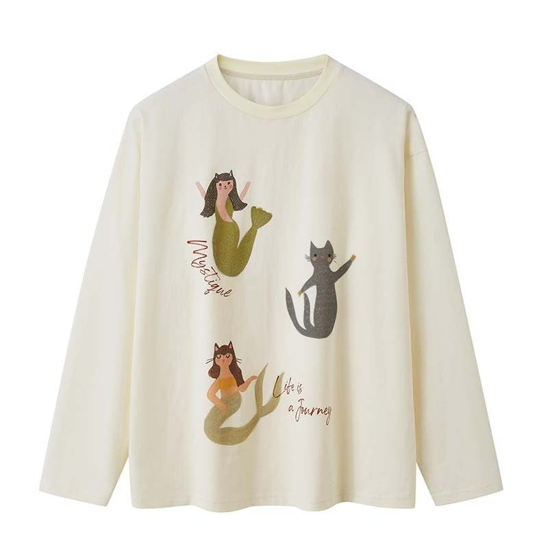 DIDDI_MODA_Mermaid_And_Letter_Print_V-neck_Long_Sleeve_Women&