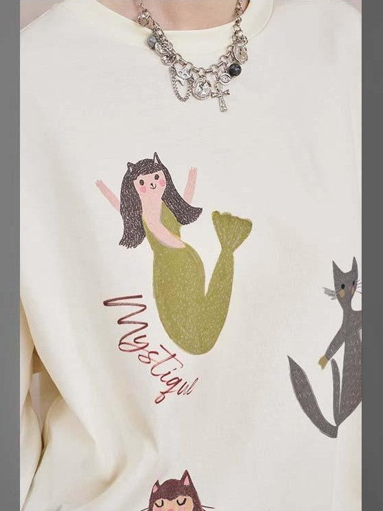 DIDDI MODA Mermaid Cartoon Round Neck Loose Fit Women&