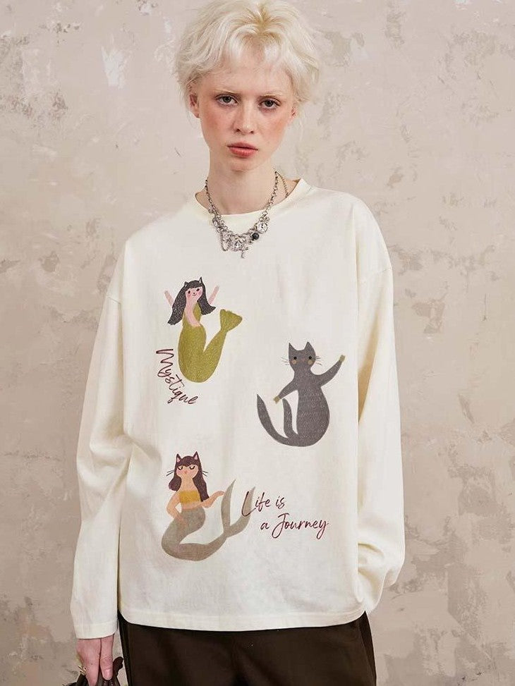 DIDDI MODA Mermaid Cartoon Round Neck Loose Fit Women&
