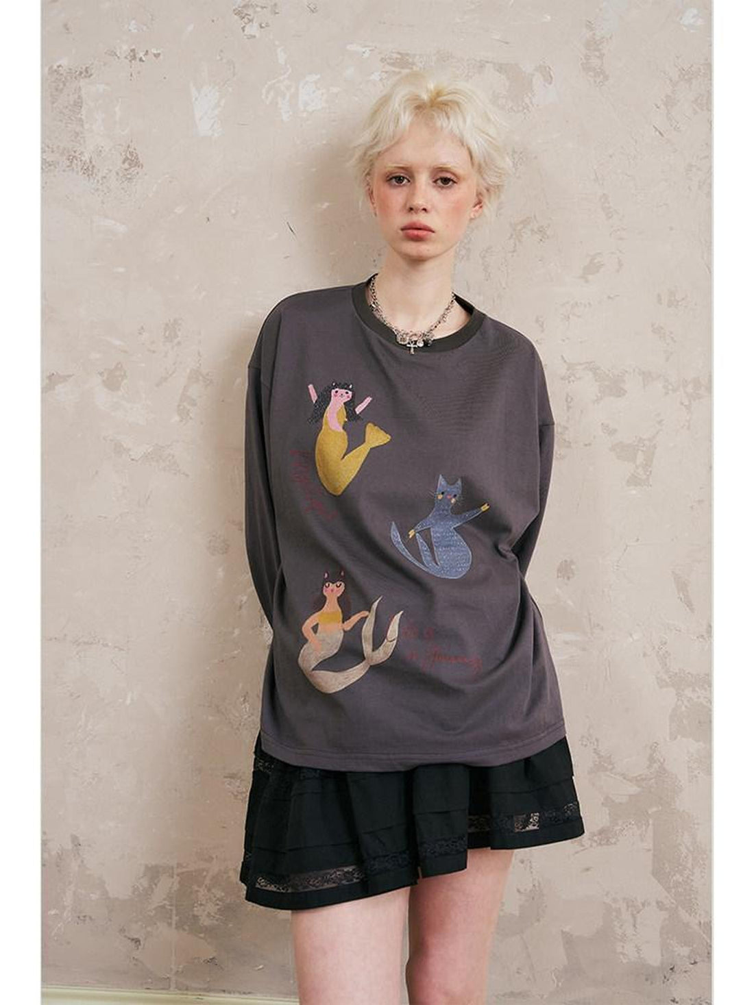 DIDDI MODA Mermaid Cartoon Round Neck Loose Fit Women&