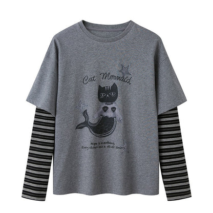 DIDDI_MODA_Mermaid_Cat_Print_Faux_Two_Piece_Loose_Layered_Women&