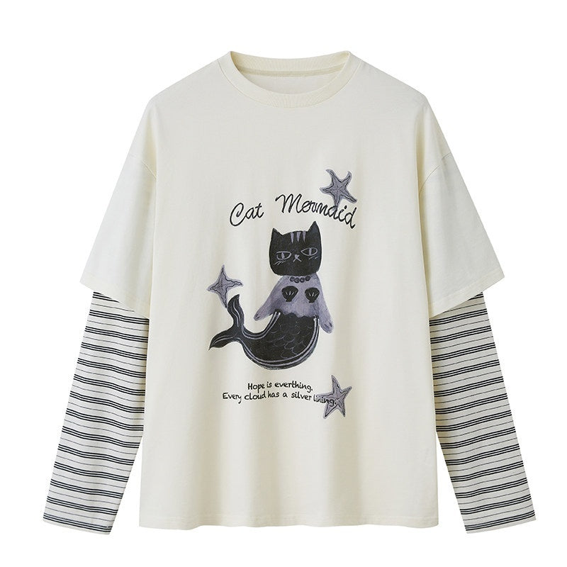 DIDDI_MODA_Mermaid_Cat_Print_Faux_Two_Piece_Loose_Layered_Women&