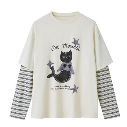 DIDDI_MODA_Mermaid_Cat_Print_Faux_Two_Piece_Loose_Layered_Women&