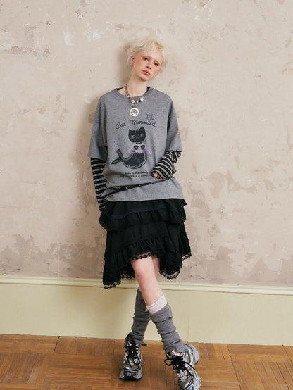 DIDDI MODA Mermaid Cat Print Faux Two Piece Loose Layered Women&
