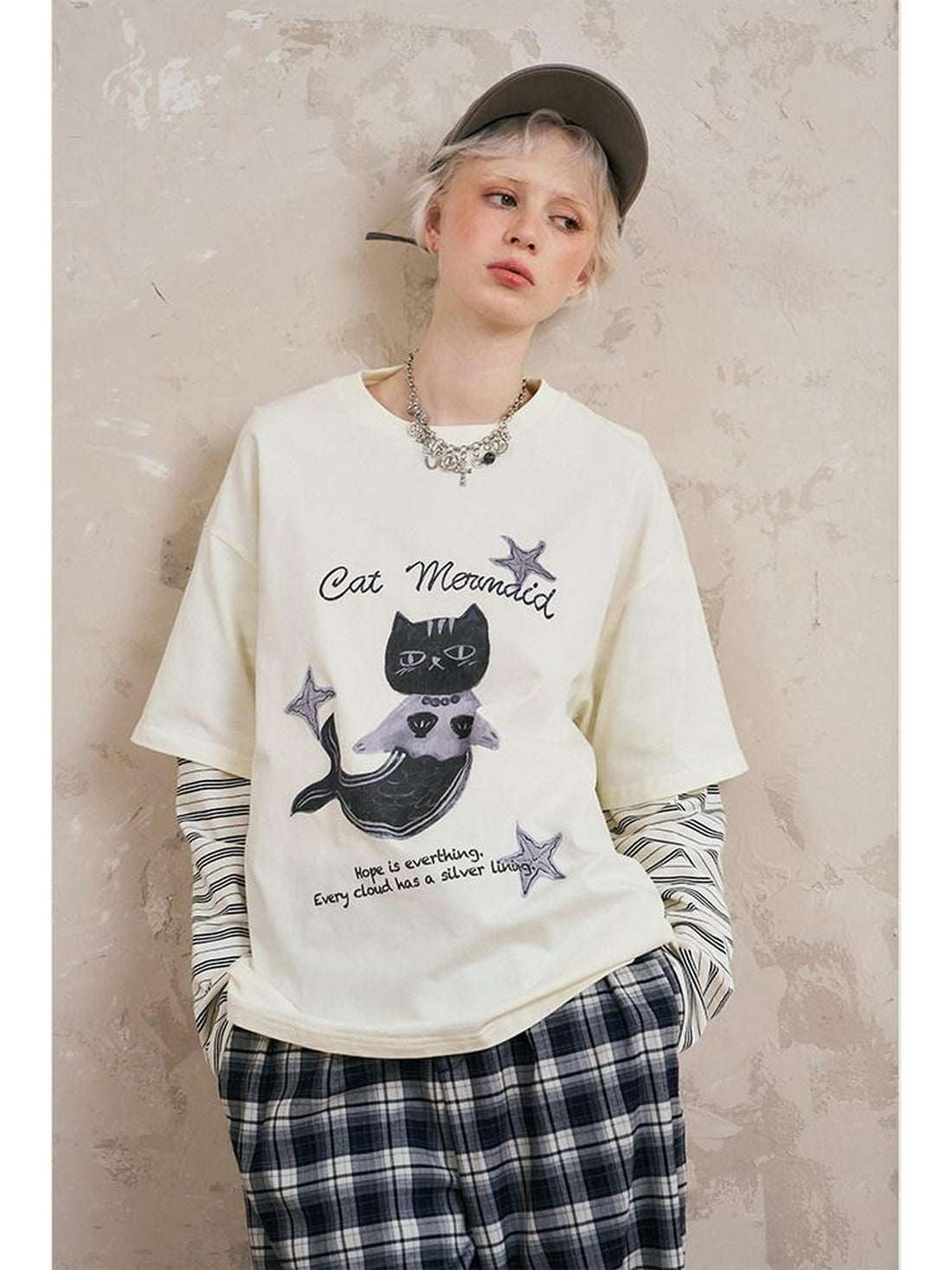 DIDDI MODA Mermaid Cat Print Faux Two Piece Loose Layered Women&