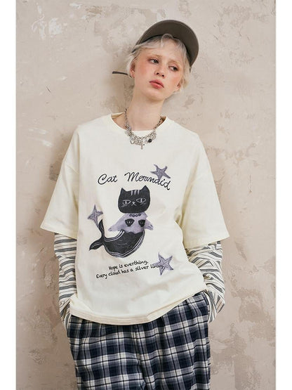 DIDDI MODA Mermaid Cat Print Faux Two Piece Loose Layered Women&