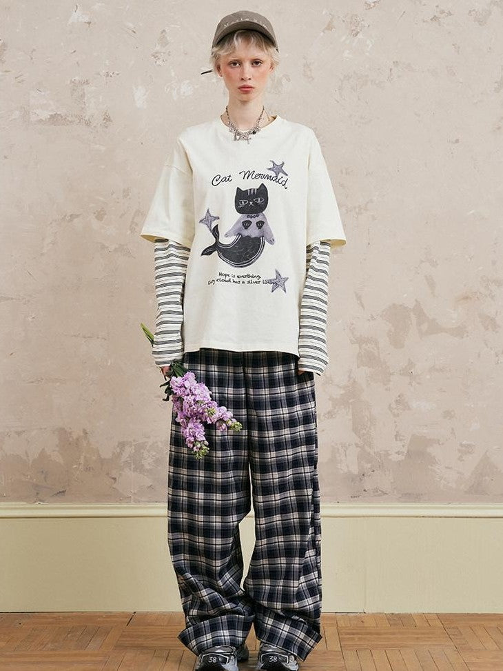 DIDDI MODA Mermaid Cat Print Faux Two Piece Loose Layered Women&