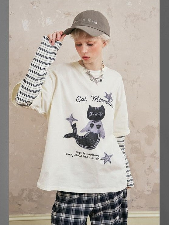 DIDDI MODA Mermaid Cat Print Faux Two Piece Loose Layered Women&