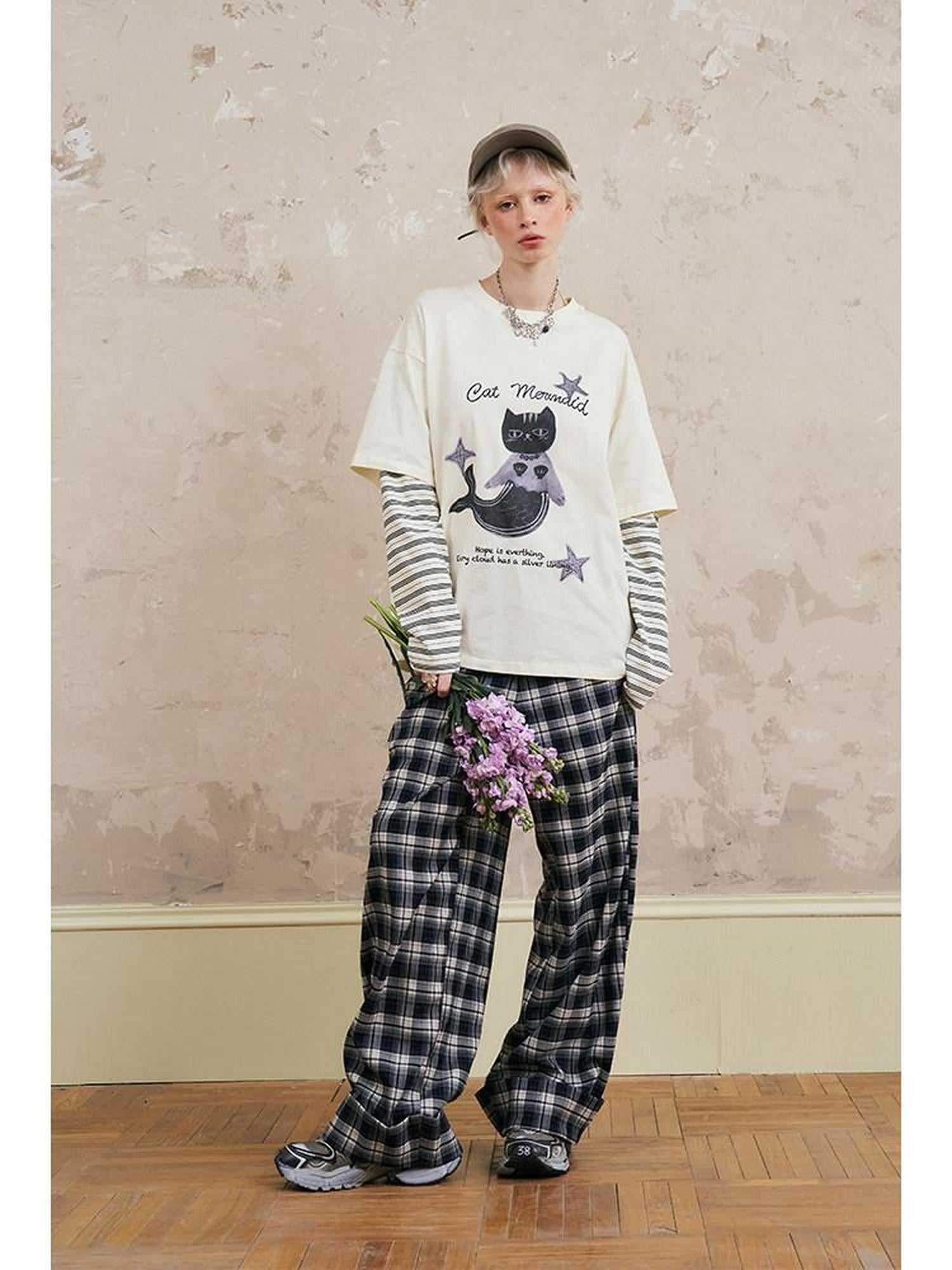 DIDDI MODA Mermaid Cat Print Faux Two Piece Loose Layered Women&