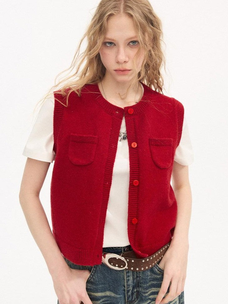 DIDDI MODA Millennial Red Round Neck Small Pocket Layered Knit Women&