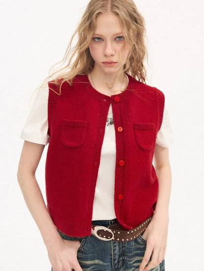 DIDDI MODA Millennial Red Round Neck Small Pocket Layered Knit Women&