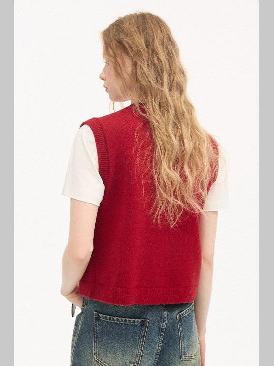 DIDDI MODA Millennial Red Round Neck Small Pocket Layered Knit Women&