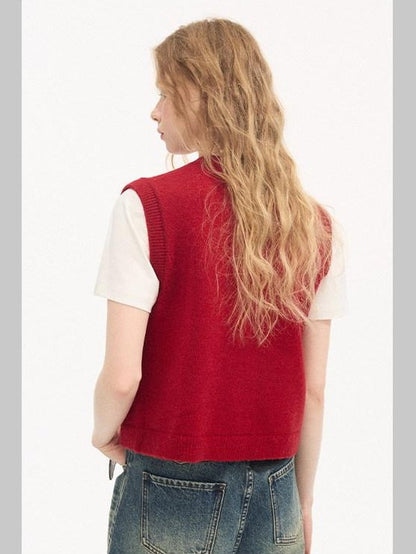 DIDDI MODA Millennial Red Round Neck Small Pocket Layered Knit Women&