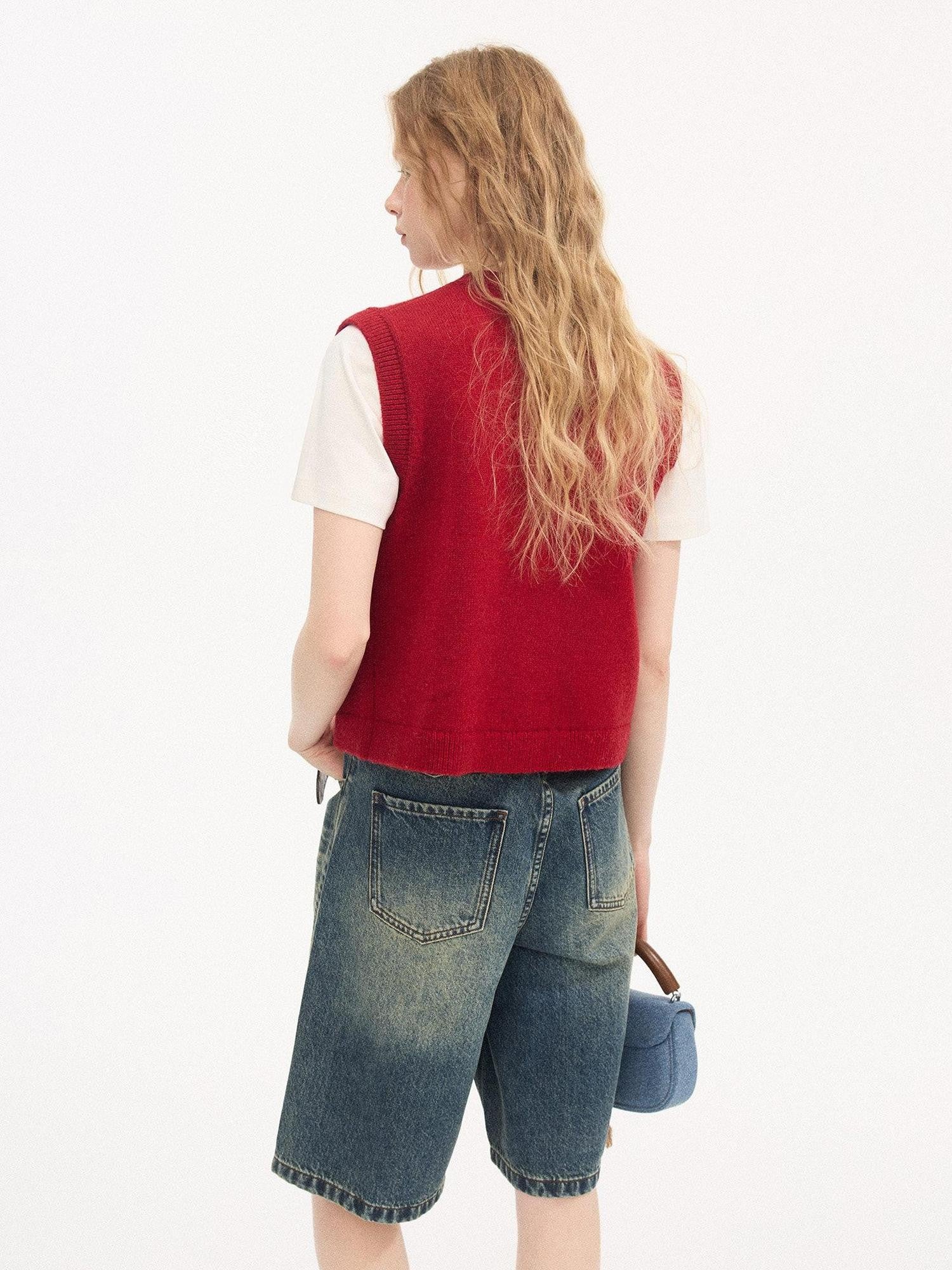 DIDDI MODA Millennial Red Round Neck Small Pocket Layered Knit Women&