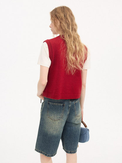 DIDDI MODA Millennial Red Round Neck Small Pocket Layered Knit Women&