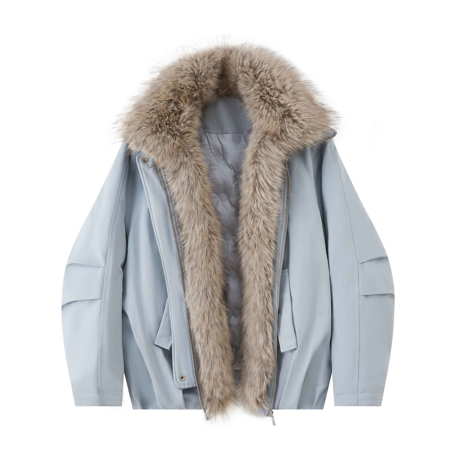 DIDDI_MODA_Mist_Blue_Fur_Collar_Zipper_Bud_Parka_Women&