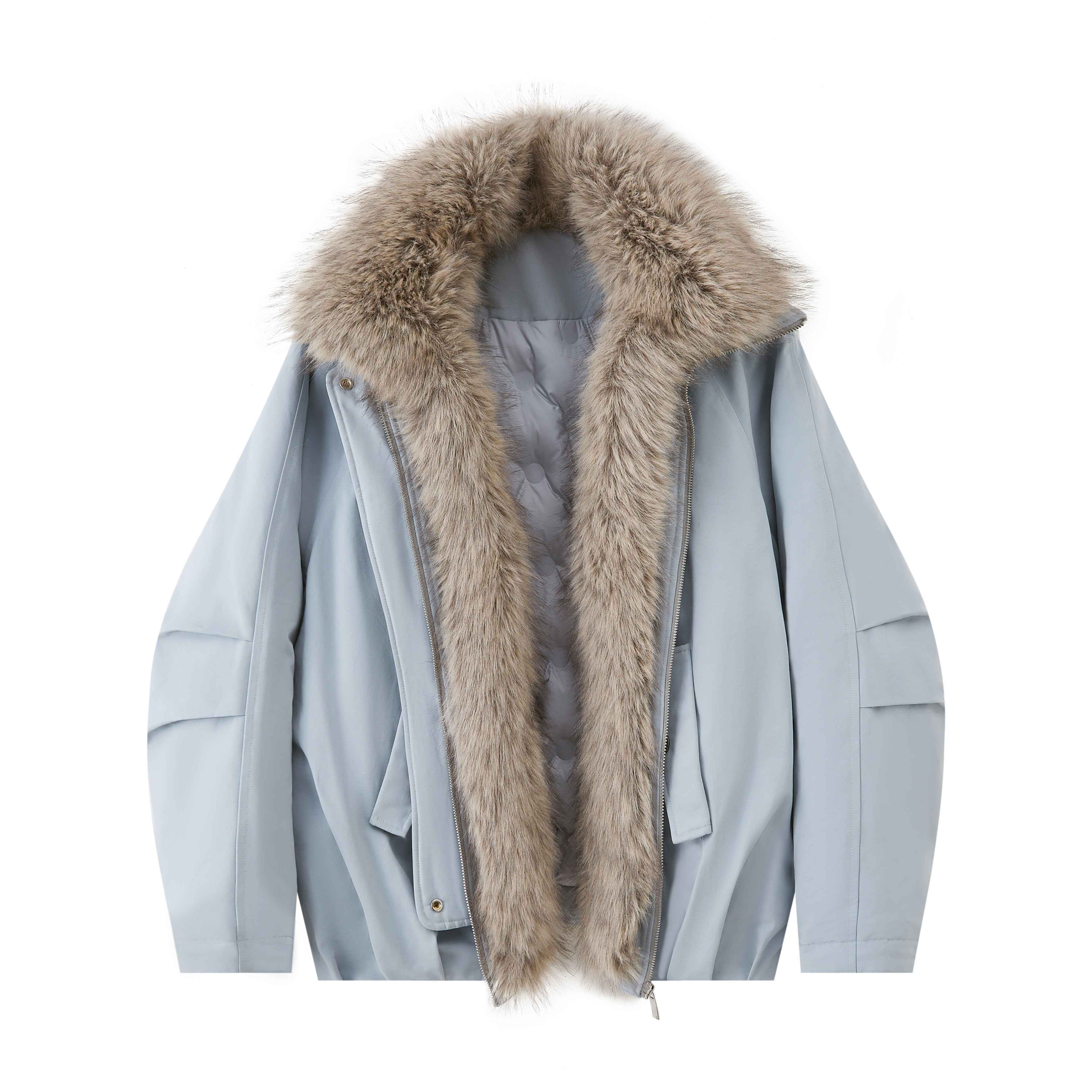 DIDDI_MODA_Mist_Blue_Fur_Collar_Zipper_Bud_Parka_Women&