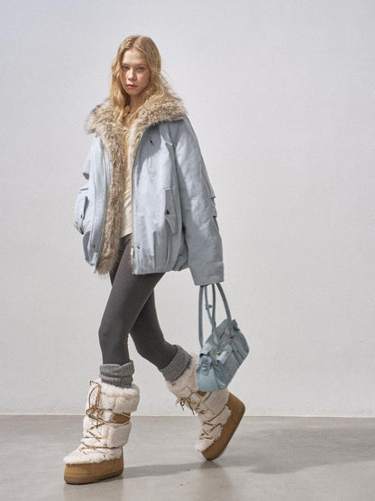 DIDDI MODA Mist Blue Fur Collar Zipper Bud Parka Women&