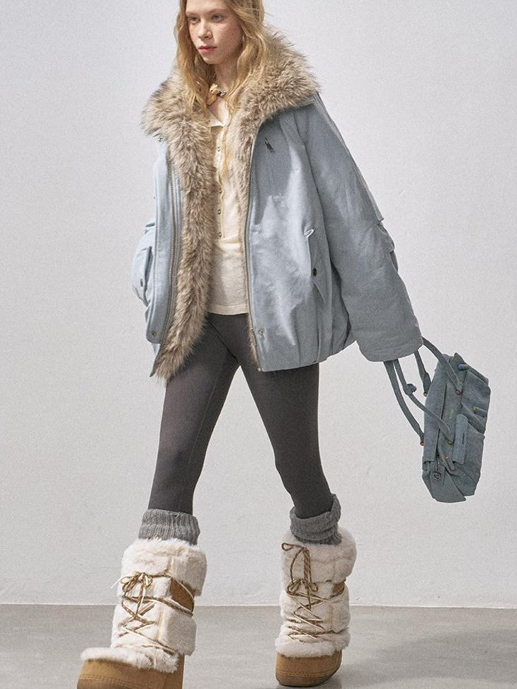 DIDDI MODA Mist Blue Fur Collar Zipper Bud Parka Women&