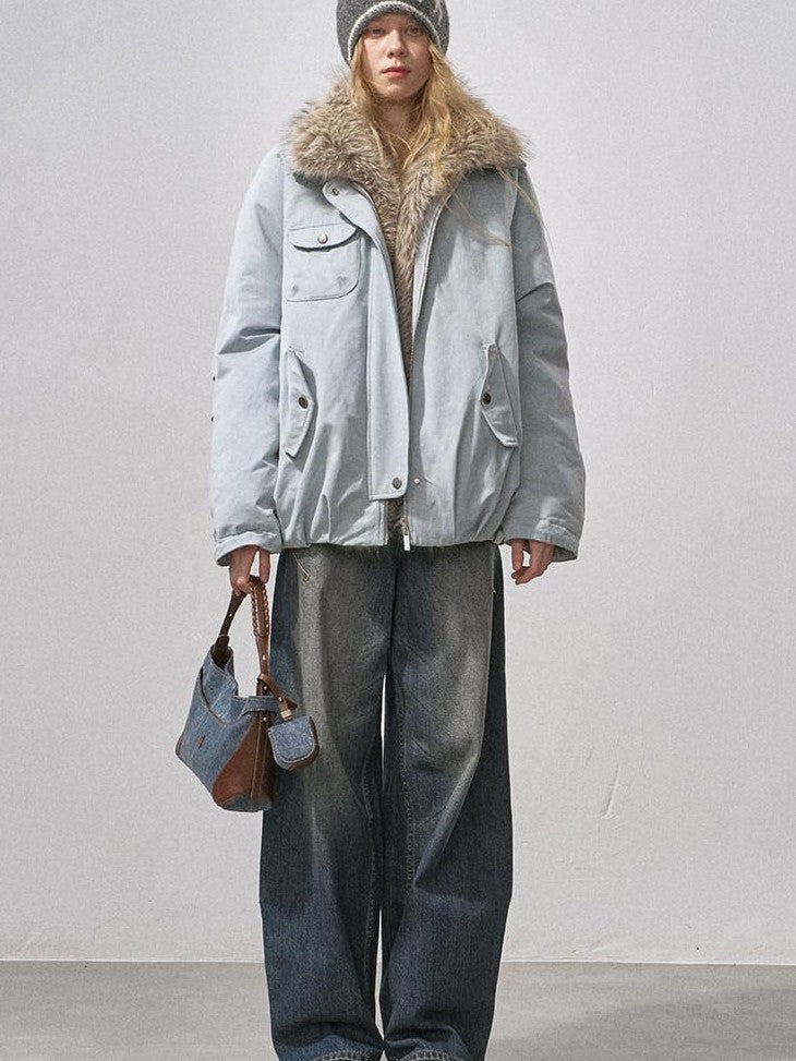 DIDDI MODA Mist Blue Fur Collar Zipper Bud Parka Women&