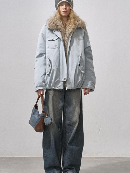 DIDDI MODA Mist Blue Fur Collar Zipper Bud Parka Women&