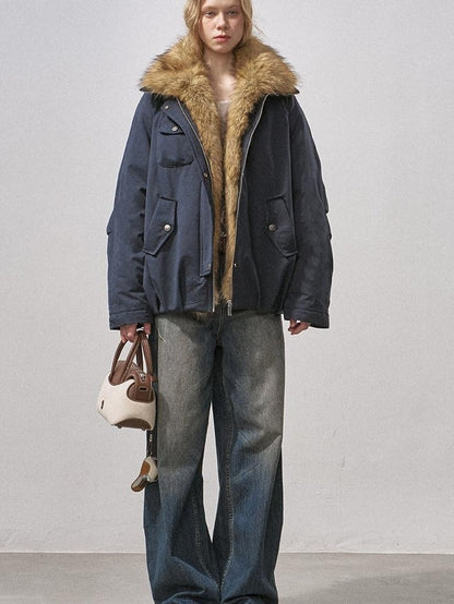 DIDDI MODA Mist Blue Fur Collar Zipper Bud Parka Women&