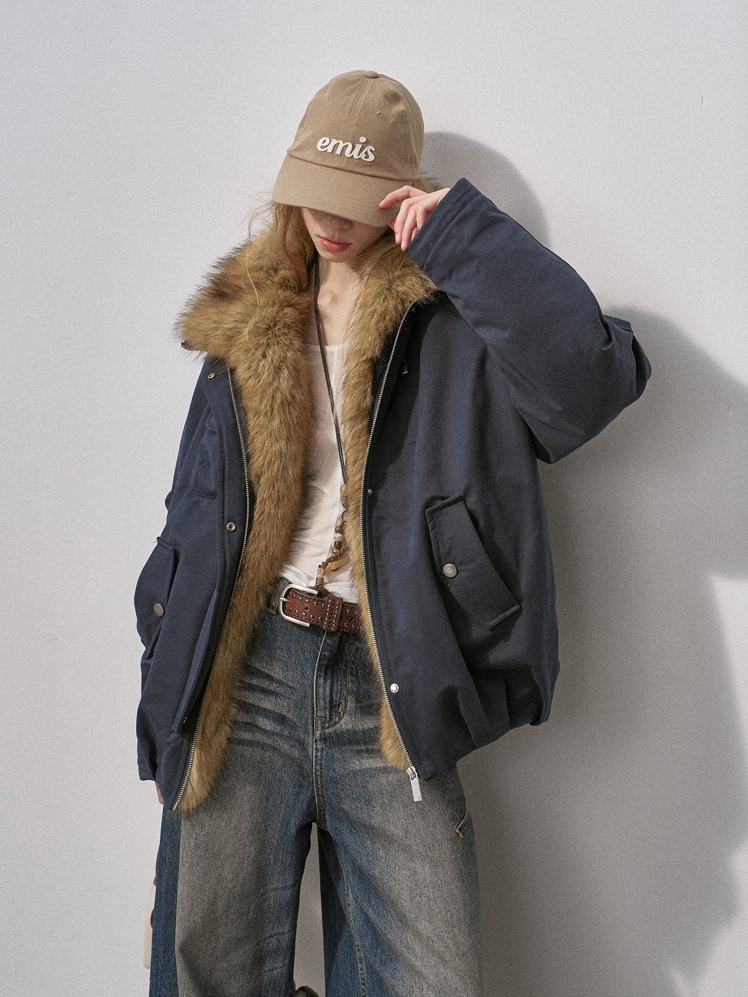 DIDDI MODA Mist Blue Fur Collar Zipper Bud Parka Women&