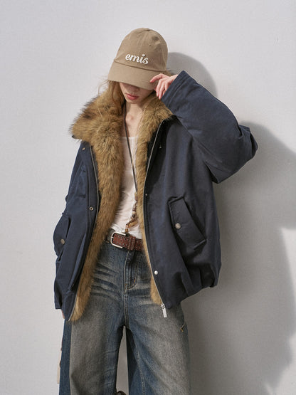 DIDDI MODA Mist Blue Fur Collar Zipper Bud Parka Women&
