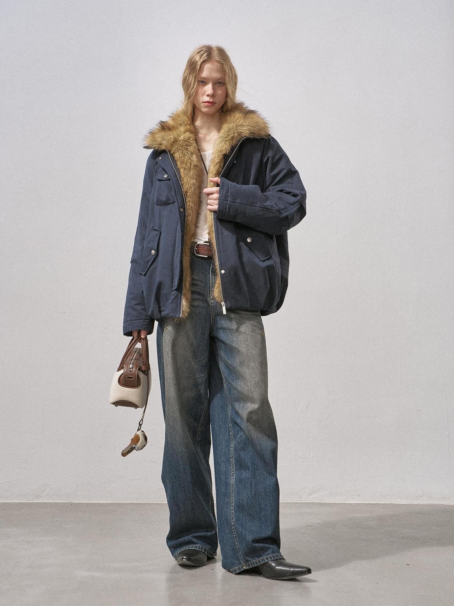 DIDDI MODA Mist Blue Fur Collar Zipper Bud Parka Women&