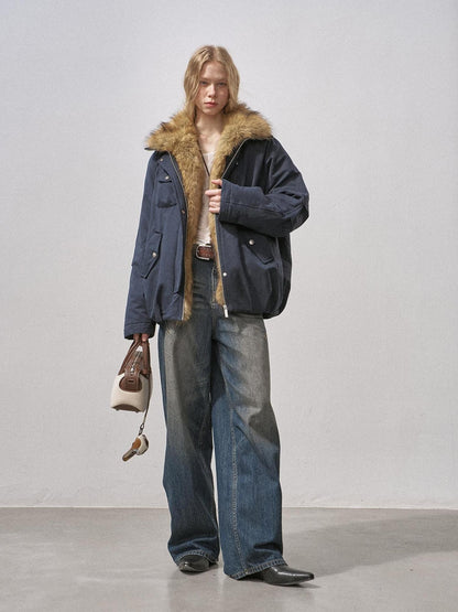 DIDDI MODA Mist Blue Fur Collar Zipper Bud Parka Women&
