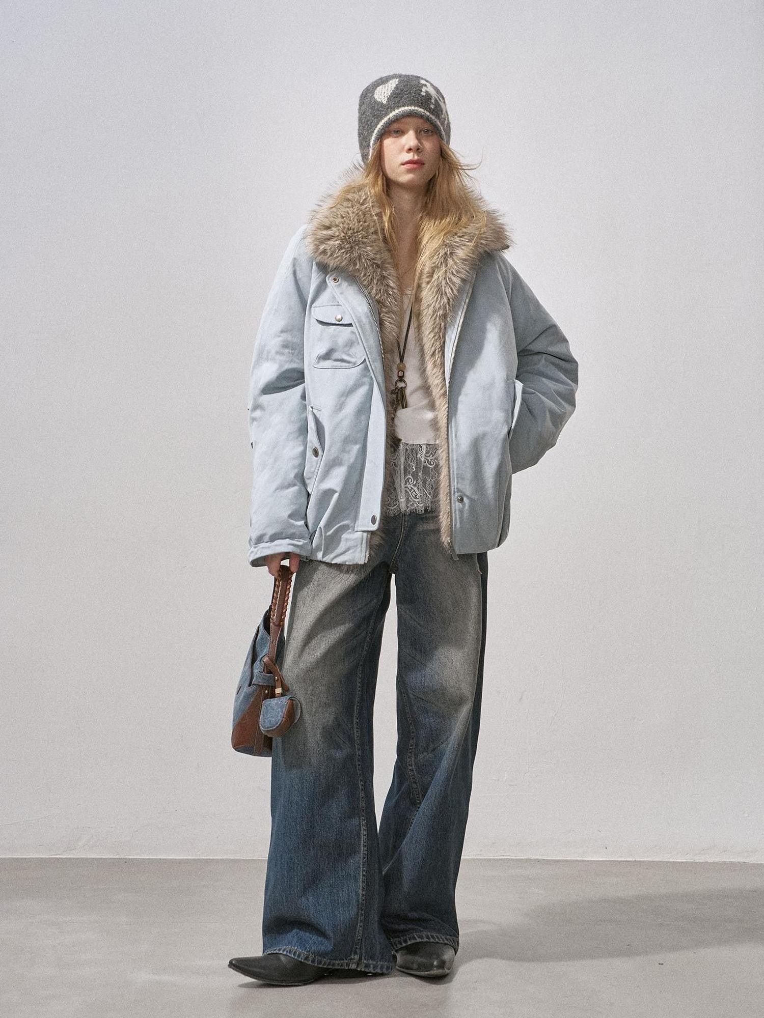 DIDDI MODA Mist Blue Fur Collar Zipper Bud Parka Women&