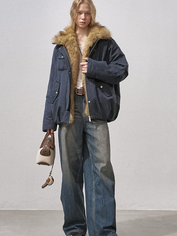 DIDDI MODA Mist Blue Fur Collar Zipper Bud Parka Women&