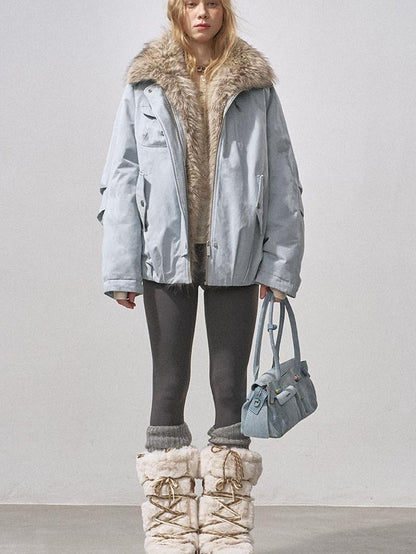 DIDDI MODA Mist Blue Fur Collar Zipper Bud Parka Women&