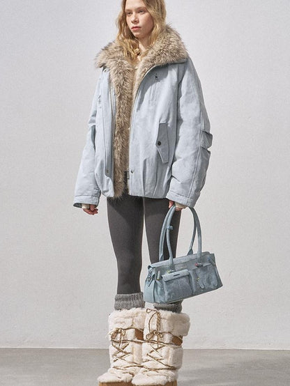DIDDI MODA Mist Blue Fur Collar Zipper Bud Parka Women&