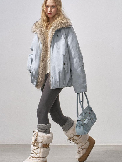 DIDDI MODA Mist Blue Fur Collar Zipper Bud Parka Women&