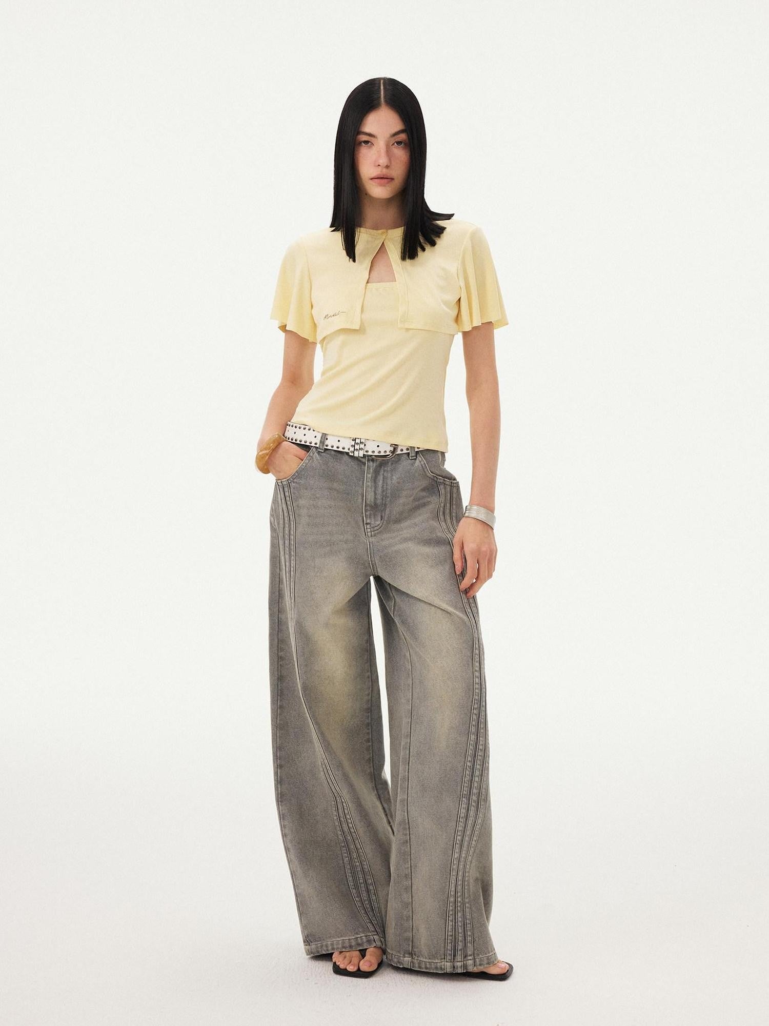 DIDDI MODA Mist Gray Blue Washed Textured Slight Stretch Striped Women&