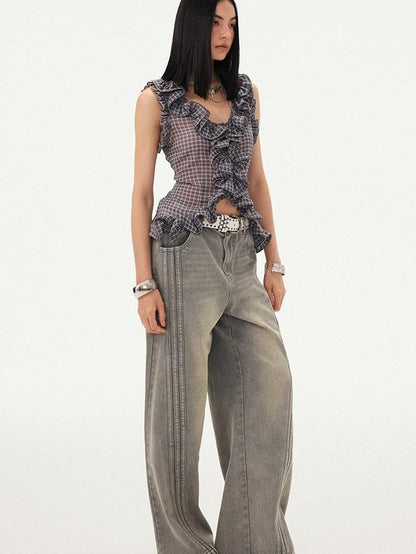DIDDI MODA Mist Gray Blue Washed Textured Slight Stretch Striped Women&