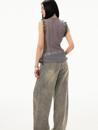 DIDDI MODA Mist Gray Blue Washed Textured Slight Stretch Striped Women&