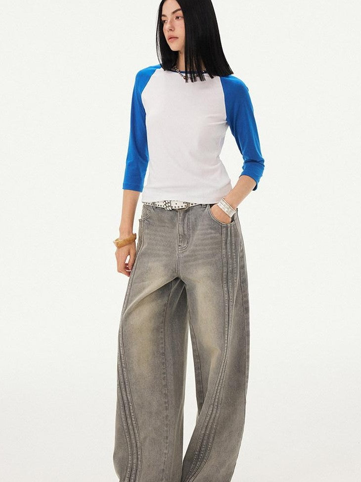 DIDDI MODA Mist Gray Blue Washed Textured Slight Stretch Striped Women&