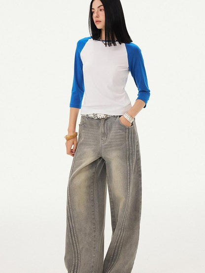 DIDDI MODA Mist Gray Blue Washed Textured Slight Stretch Striped Women&