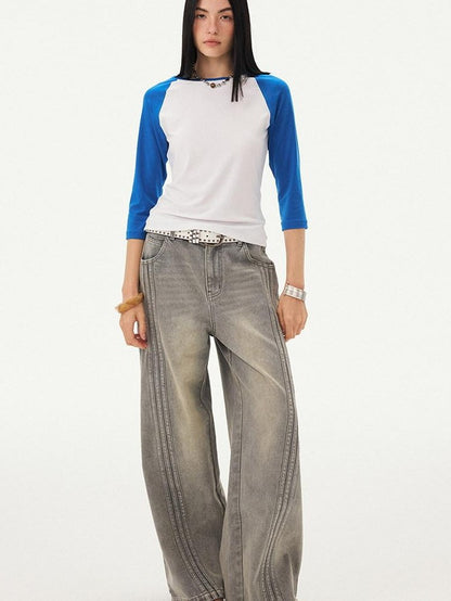DIDDI MODA Mist Gray Blue Washed Textured Slight Stretch Striped Women&