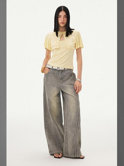 DIDDI MODA Mist Gray Blue Washed Textured Slight Stretch Striped Women&