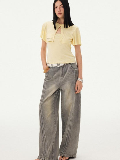 DIDDI MODA Mist Gray Blue Washed Textured Slight Stretch Striped Women&